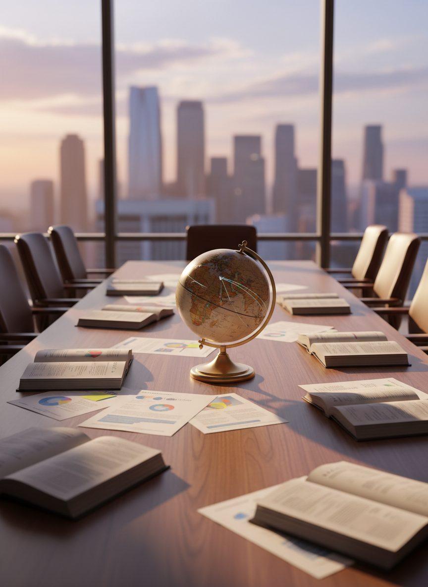 A dignified wooden conference table with a smooth, walnut surface is covered with neatly arranged open reports, policy briefs, and a single high-quality globe with finely printed borders and migration routes. Around it, empty leather chairs suggest ongoing deliberation without showing any people. Floor-to-ceiling windows reveal a distant, softly blurred city skyline. Late afternoon natural light pours in, casting long, gentle shadows across the papers and making highlighted passages subtly glow. Photographic realism with a clean, modern aesthetic, shot at eye level with a shallow depth of field focusing on the globe and central documents. The mood is thoughtful, analytical, and sophisticated, evoking serious work on migration and human rights policy.
