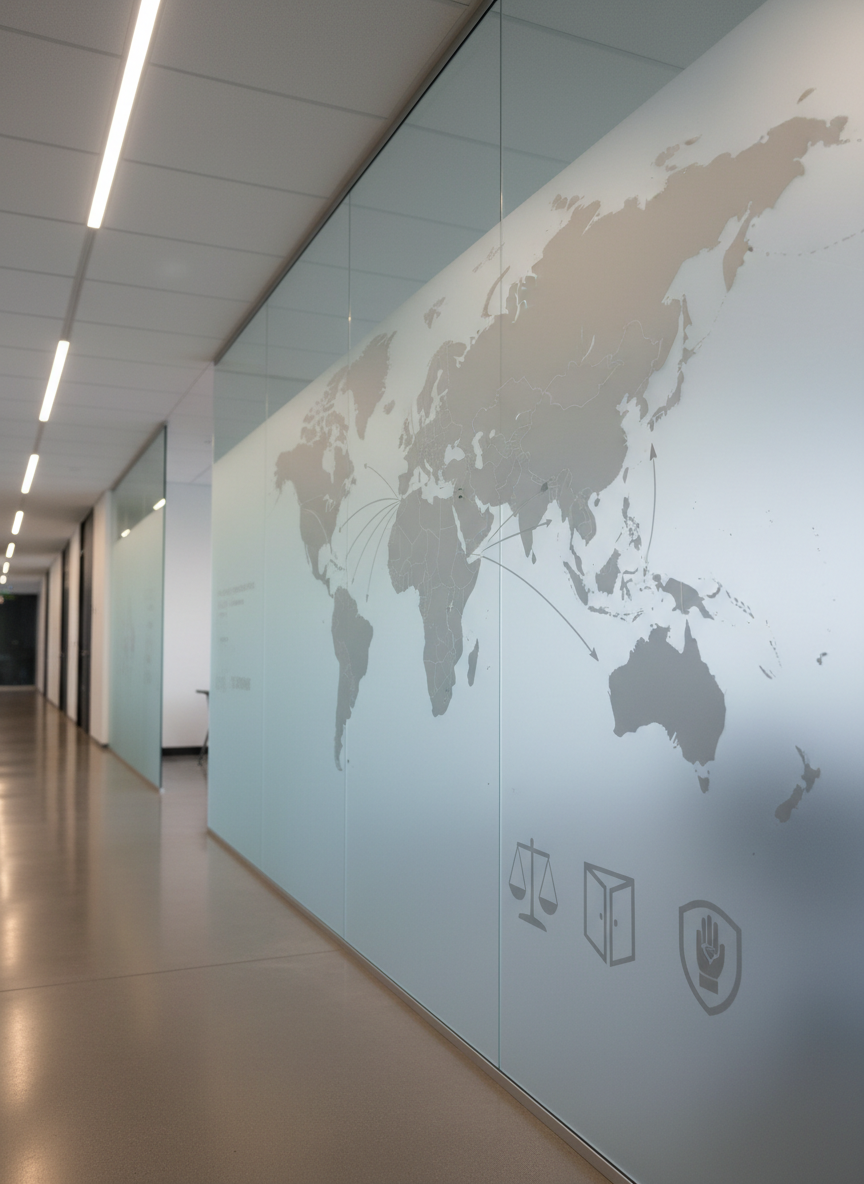 A large frosted glass wall in a modern office corridor displays an etched world map with subtle lines indicating major migration routes and arrows pointing toward key regions. Along the base of the glass, minimalist icons representing justice scales, open doors, and protective shields are sandblasted into the surface. The polished concrete floor reflects the glass softly, while recessed ceiling lights cast an even, cool white glow, creating refined highlights on the etched details. Photographic realism, shot from a low, slightly off-center angle to emphasize scale and depth, with the far end of the corridor softly out of focus. The mood is forward-looking and analytical, communicating global perspective and human rights protection without depicting any people.