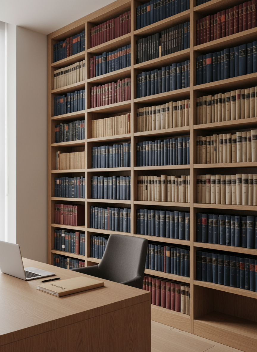 An elegant wall of minimalist bookshelves filled with well-worn legal volumes, human rights reports, and academic journals, each spine displaying muted tones of navy, burgundy, and cream. A single empty chair with a tailored dark fabric back sits in front of a wooden desk topped with a laptop in sleep mode, a closed folder labeled “Asylum Frameworks,” and a neatly stacked notepad. Soft, diffused overcast daylight filters through an unseen window, creating gentle, even lighting with subtle shadowing between the shelves. Captured in photographic realism from a slightly angled perspective using the rule of thirds, the depth of field keeps the entire scene in crisp focus. The mood is calm, studious, and authoritative, perfectly suited to a nonprofit research institute focused on migration policy and human rights.